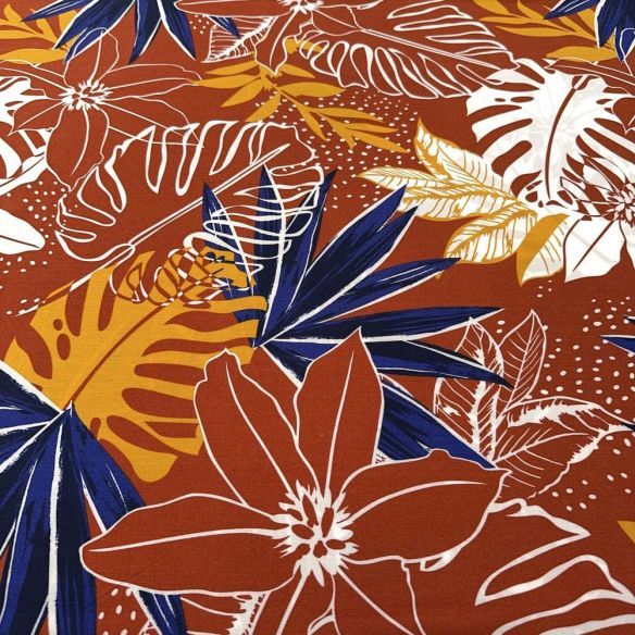 Tecido Viscose Estampada Folhagens Colorido Fundo Chocolate • Luema