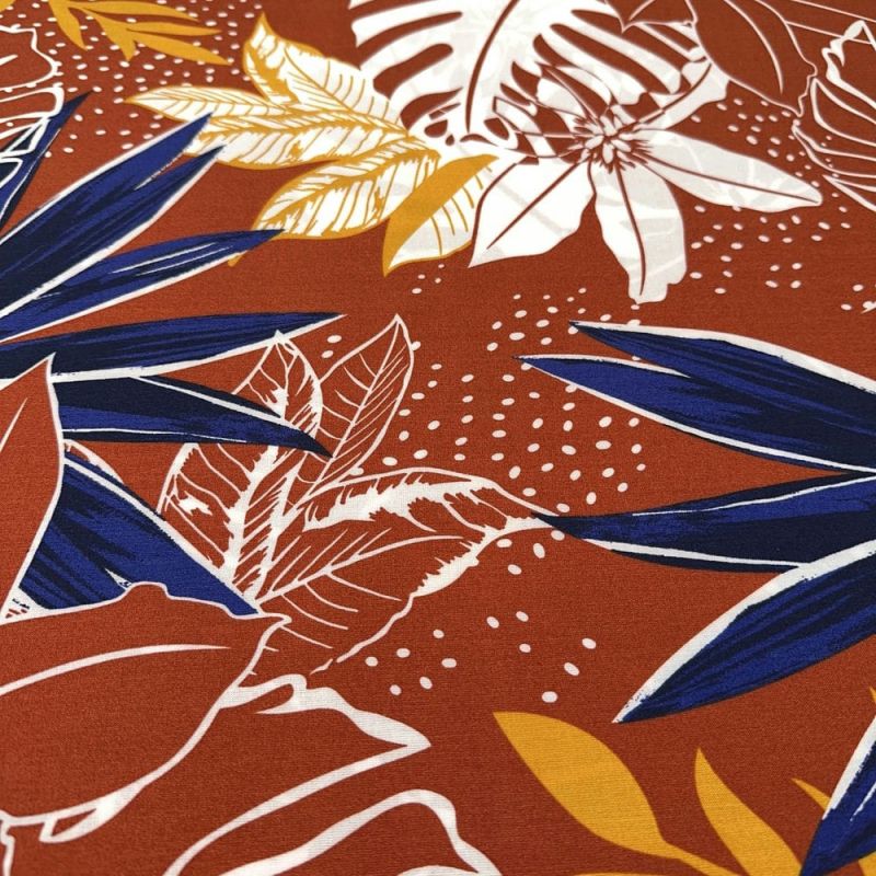 Tecido Viscose Estampada Folhagens Colorido Fundo Chocolate • Luema