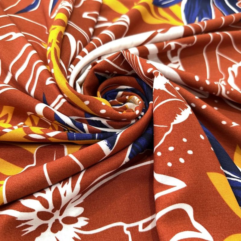 Tecido Viscose Estampada Folhagens Colorido Fundo Chocolate • Luema