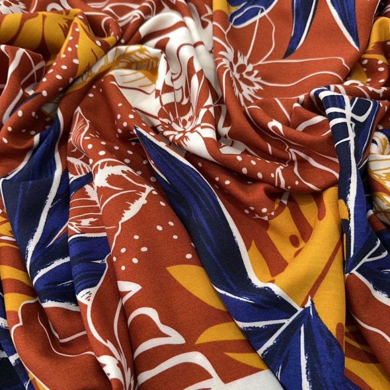 Tecido Viscose Estampada Folhagens Colorido Fundo Chocolate • Luema