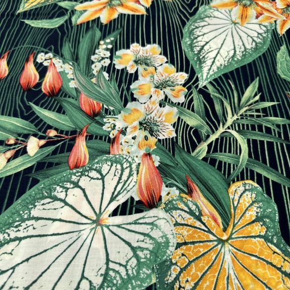 Tecido Viscose Floral e Folhagens Fundo Casca de Árvore • Luema Tecido Viscose Floral e Folhagens Fundo Casca de Árvore • Luema