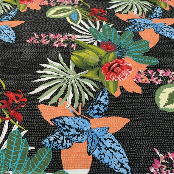 Tecido Viscose Estampada Folhagens e Flores Fundo Pontilhado • Luema Tecidos