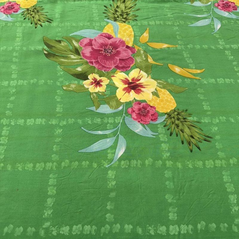 Tecido Viscose Estampada Floral Abacaxi Fundo Verde • Luema Tecidos