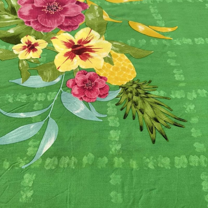 Tecido Viscose Estampada Floral Abacaxi Fundo Verde • Luema Tecidos