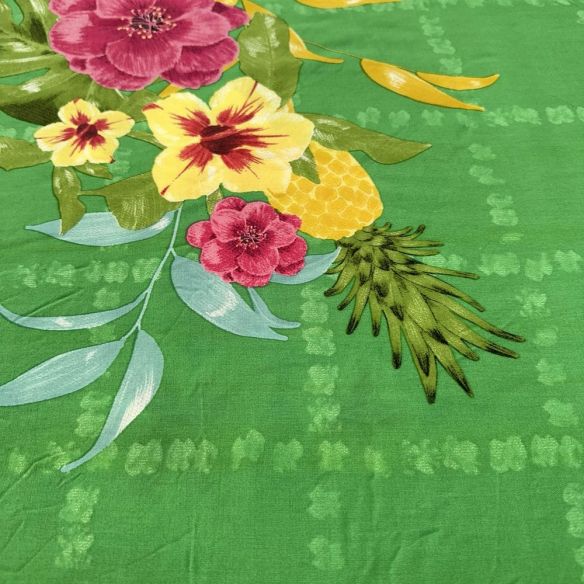 Tecido Viscose Estampada Floral Abacaxi Fundo Verde • Luema Tecidos