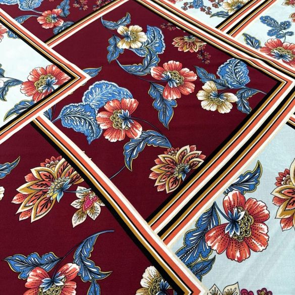 Tecido Viscose Estampada Quadros Floral Azul e Marsala • Luema Tecidos
