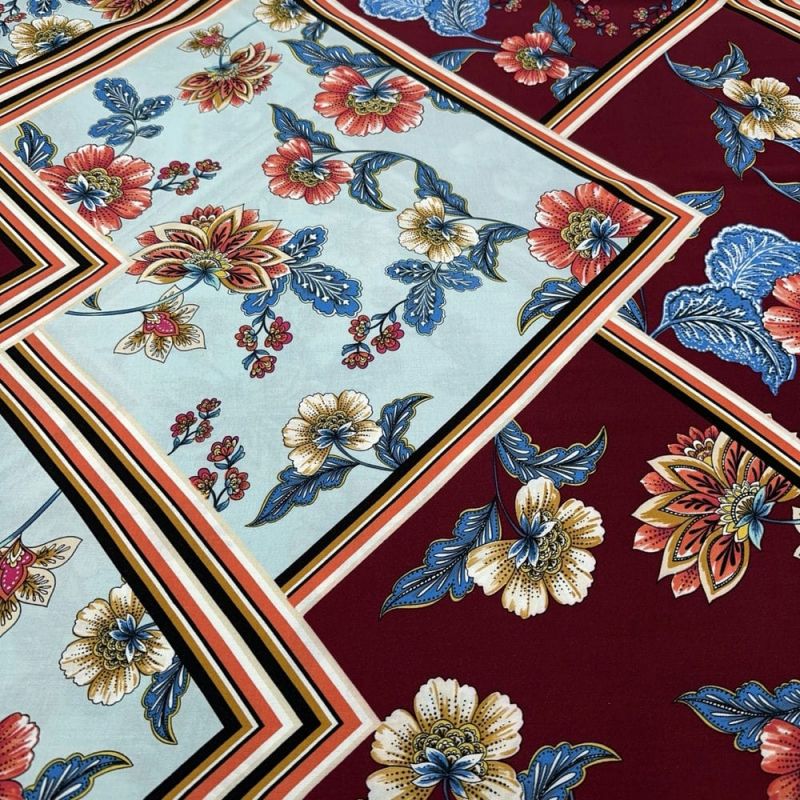 Tecido Viscose Estampada Quadros Floral Azul e Marsala • Luema Tecidos