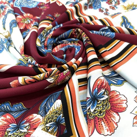 Tecido Viscose Estampada Quadros Floral Azul e Marsala • Luema Tecidos
