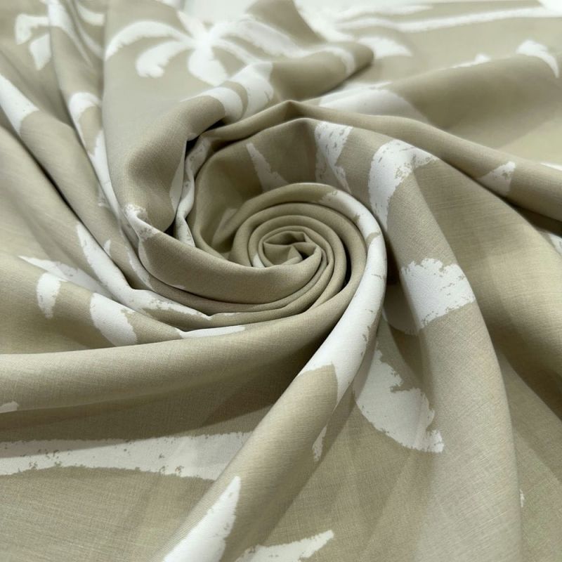 Tecido Viscose Estampada Palmeira Fundo Bege • Luema Tecidos
