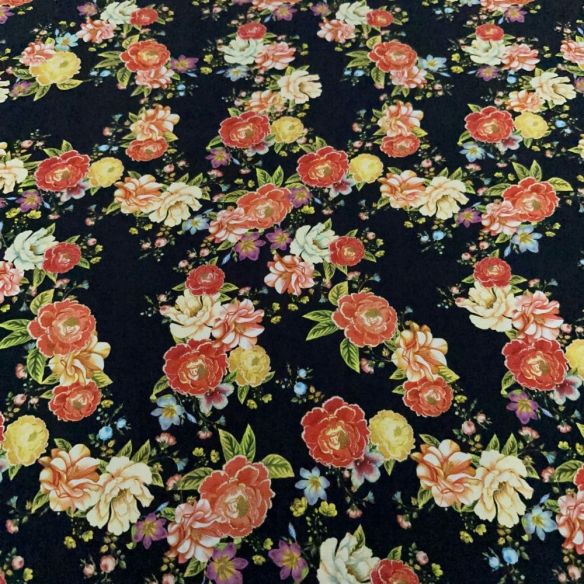 Tecido Viscose Estampada Rosas e Flores Fundo Preto • Luema Tecidos Tecido Viscose Estampada Rosas e Flores Fundo Preto • Luema Tecidos