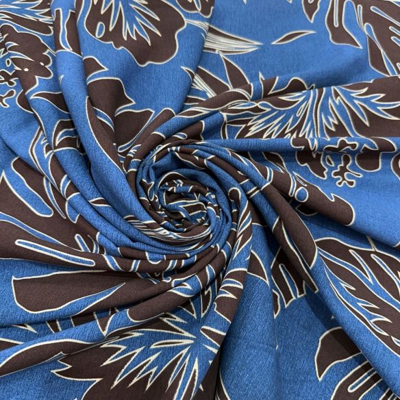 Tecido Viscose Estampada Folhagens Preto e Fundo Azul • Luema Tecidos