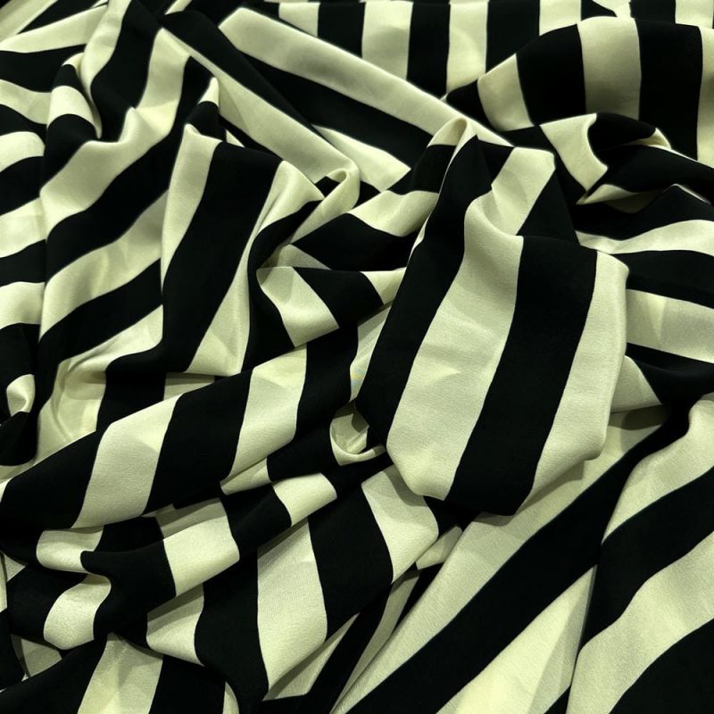 Tecido Crepe de Chine Seda Pura Listra Off e Preto • Luema Tecidos