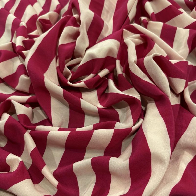 Tecido Crepe de Chine Seda Pura Listra Off e Pink • Luema Tecidos