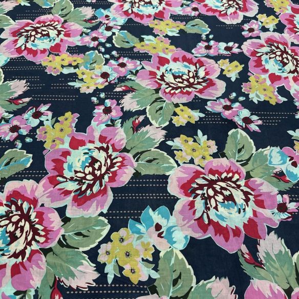 Tecido Cambraia de Algodão Floral Colorido Fundo Azul • Luema Tecidos