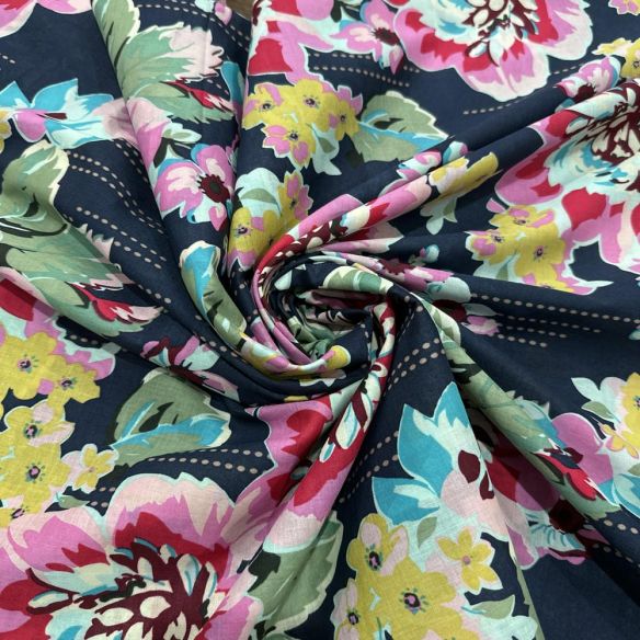 Tecido Cambraia de Algodão Floral Colorido Fundo Azul • Luema Tecidos