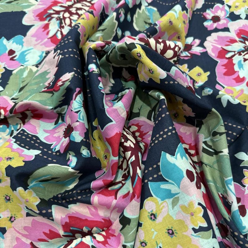 Tecido Cambraia de Algodão Floral Colorido Fundo Azul • Luema Tecidos