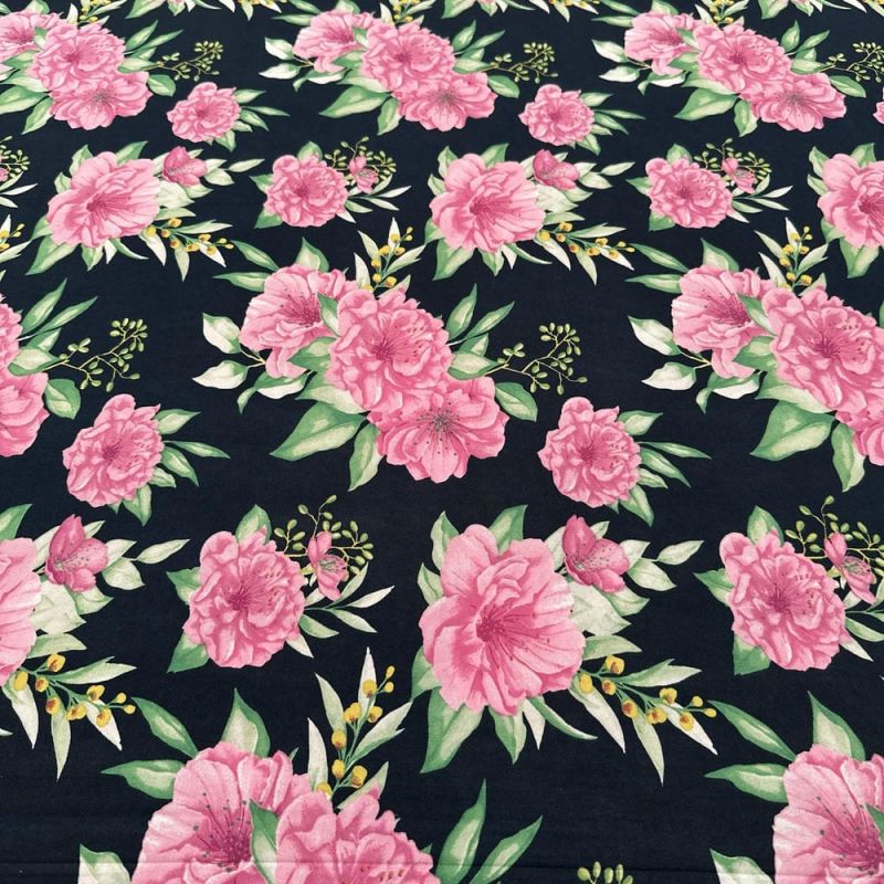 Tecido Malha Liganete Floral Rosa Fundo Azul Marinho • Luema Tecidos