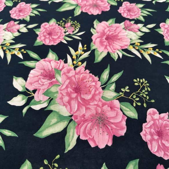 Tecido Malha Liganete Floral Rosa Fundo Azul Marinho • Luema Tecidos