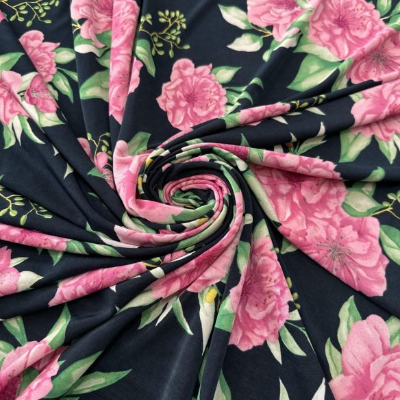 Tecido Malha Liganete Floral Rosa Fundo Azul Marinho • Luema Tecidos