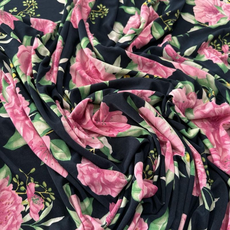 Tecido Malha Liganete Floral Rosa Fundo Azul Marinho • Luema Tecidos