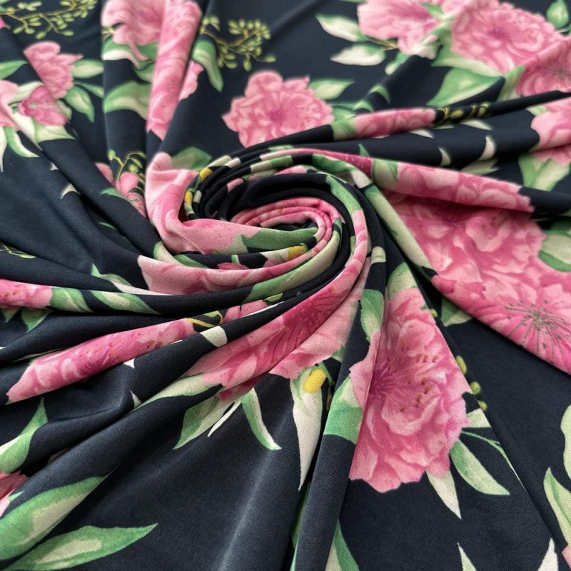 Tecido Malha Liganete Floral Rosa Fundo Azul Marinho • Luema Tecidos