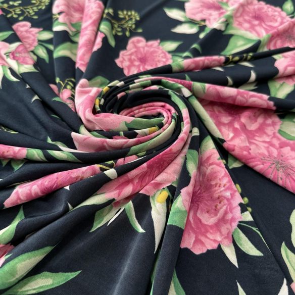 Tecido Malha Liganete Floral Rosa Fundo Azul Marinho • Luema Tecidos