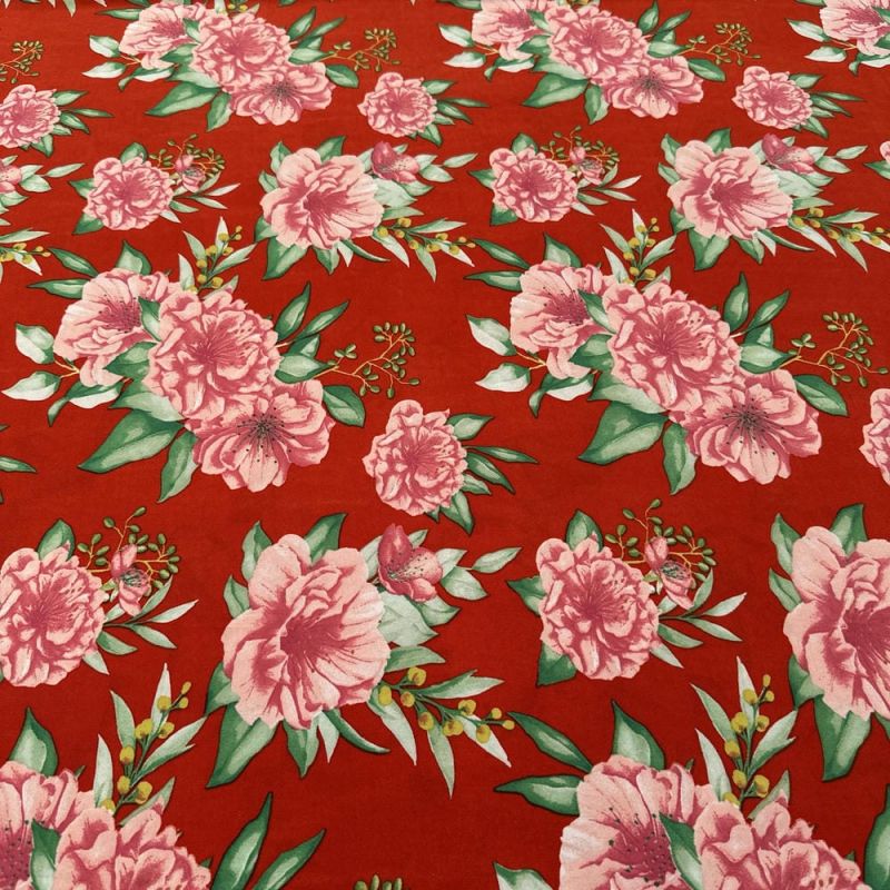 Tecido Malha Liganete Floral Rosas Fundo Vermelho • Luema Tecidos