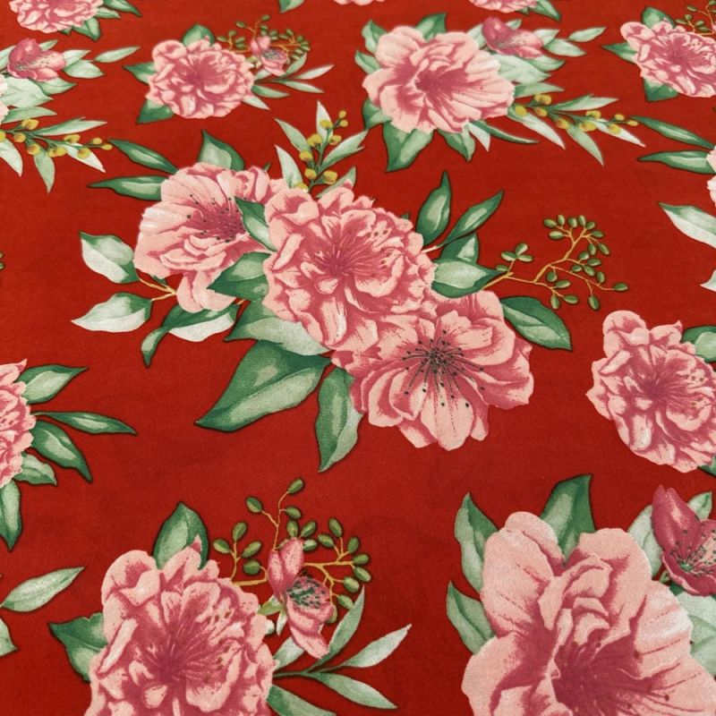 Tecido Malha Liganete Floral Rosas Fundo Vermelho • Luema Tecidos