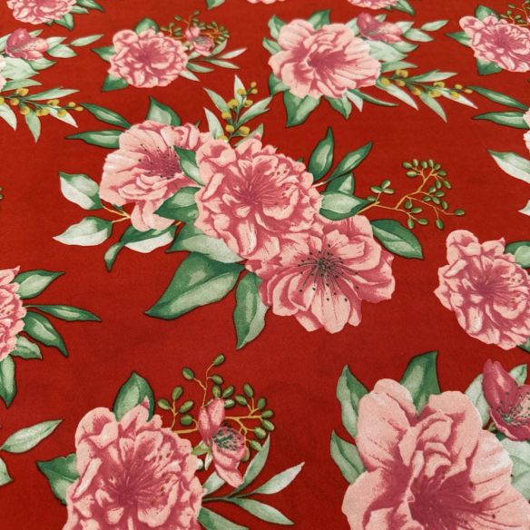 Tecido Malha Liganete Floral Rosas Fundo Vermelho • Luema Tecidos