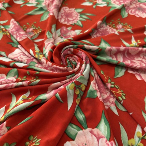 Tecido Malha Liganete Floral Rosas Fundo Vermelho • Luema Tecidos