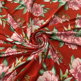 Tecido Malha Liganete Floral Rosas Fundo Vermelho Tecido Malha Liganete Floral Rosas Fundo Vermelho • Luema Tecidos