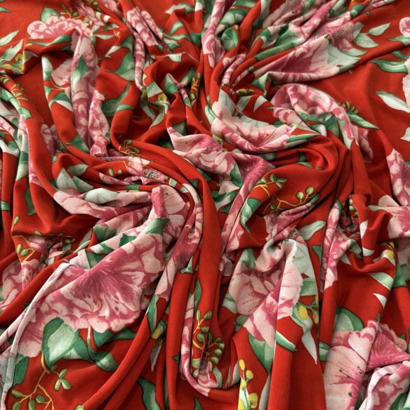 Tecido Malha Liganete Floral Rosas Fundo Vermelho • Luema Tecidos
