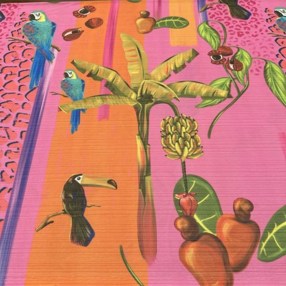 Tecido Crepe de Malha Canelada Aves Fundo Rosa • Luema Tecidos