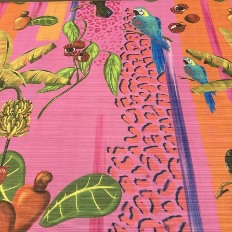 Tecido Crepe de Malha Canelada Aves Fundo Rosa • Luema Tecidos