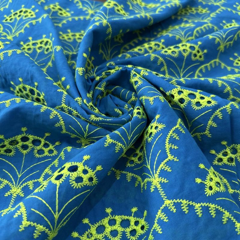 Tecido Laise de algodão Bordada Azul e Amarelo • Luema Tecidos Tecido Laise de algodão Bordada Azul e Amarelo • Luema Tecidos