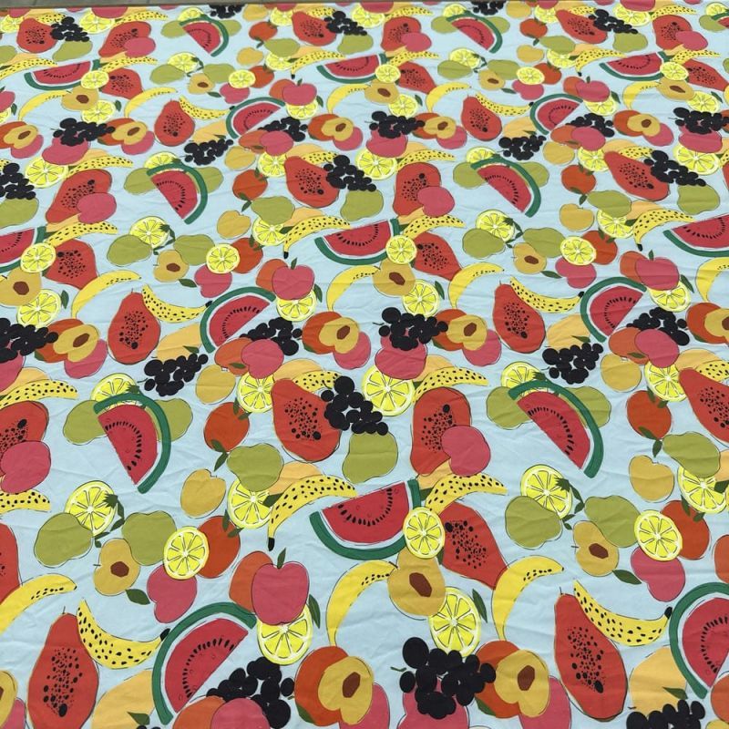 Tecido Malha Fluity Estampada Frutas Fundo Azul Claro • Luema Tecidos