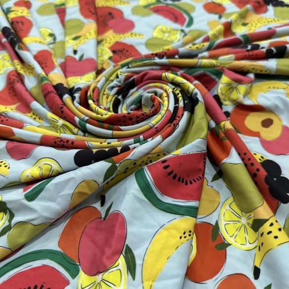 Tecido Malha Fluity Estampada Frutas Fundo Azul Claro • Luema Tecidos