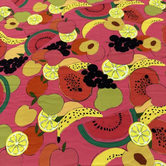 Tecido Malha Fluity Estampada Frutas Fundo Rosa • Luema Tecidos