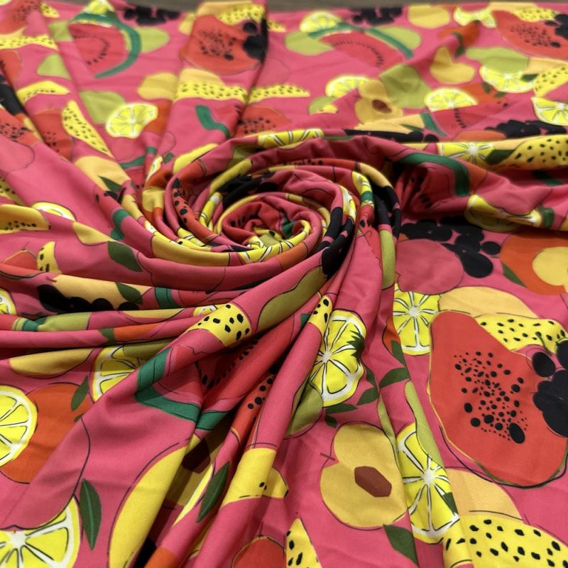 Tecido Malha Fluity Estampada Frutas Fundo Rosa • Luema Tecidos