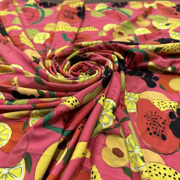 Tecido Malha Fluity Estampada Frutas Fundo Rosa • Luema Tecidos