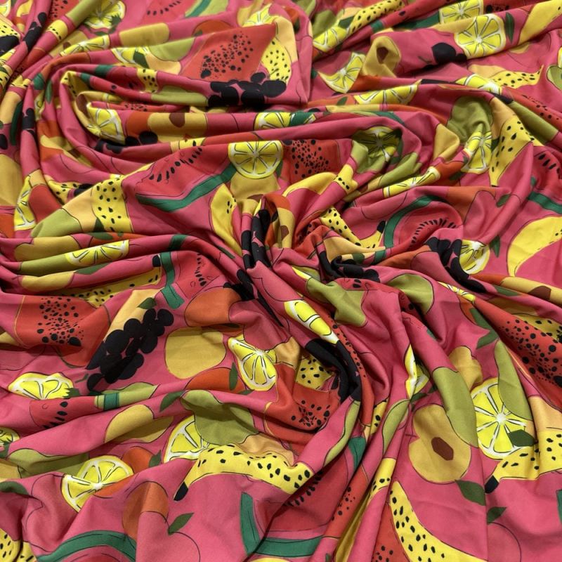 Tecido Malha Fluity Estampada Frutas Fundo Rosa • Luema Tecidos