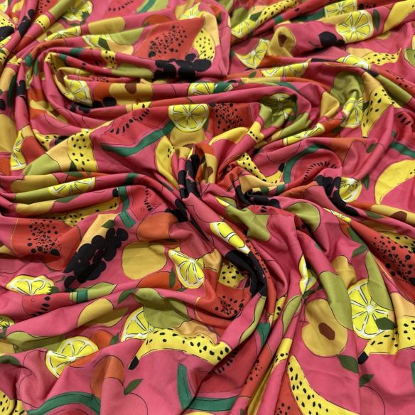 Tecido Malha Fluity Estampada Frutas Fundo Rosa • Luema Tecidos