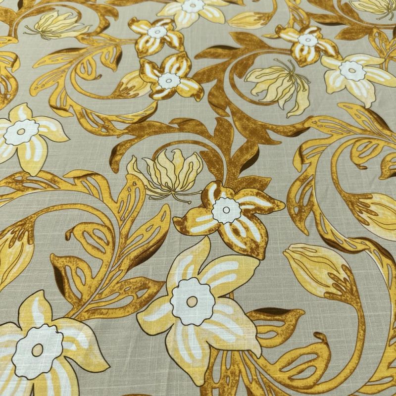 Tecido Viscolinho Estampado Floral Amarelo Fundo Bege • Luema Tecidos