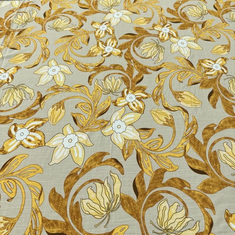Tecido Viscolinho Estampado Floral Amarelo Fundo Bege • Luema Tecidos