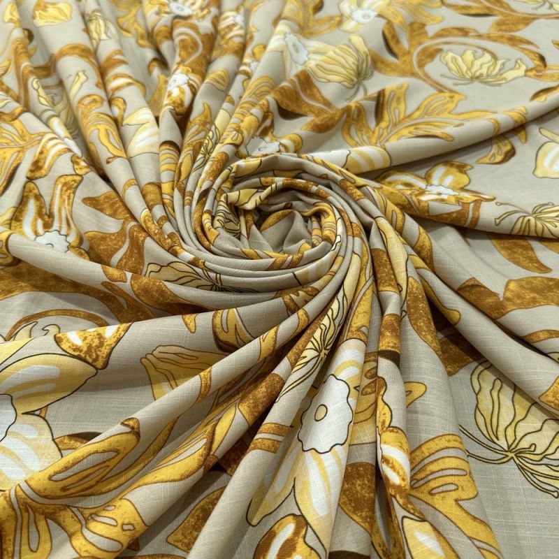 Tecido Viscolinho Estampado Floral Amarelo Fundo Bege • Luema Tecidos