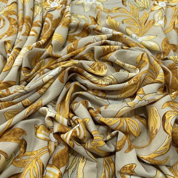 Tecido Viscolinho Estampado Floral Amarelo Fundo Bege • Luema Tecidos