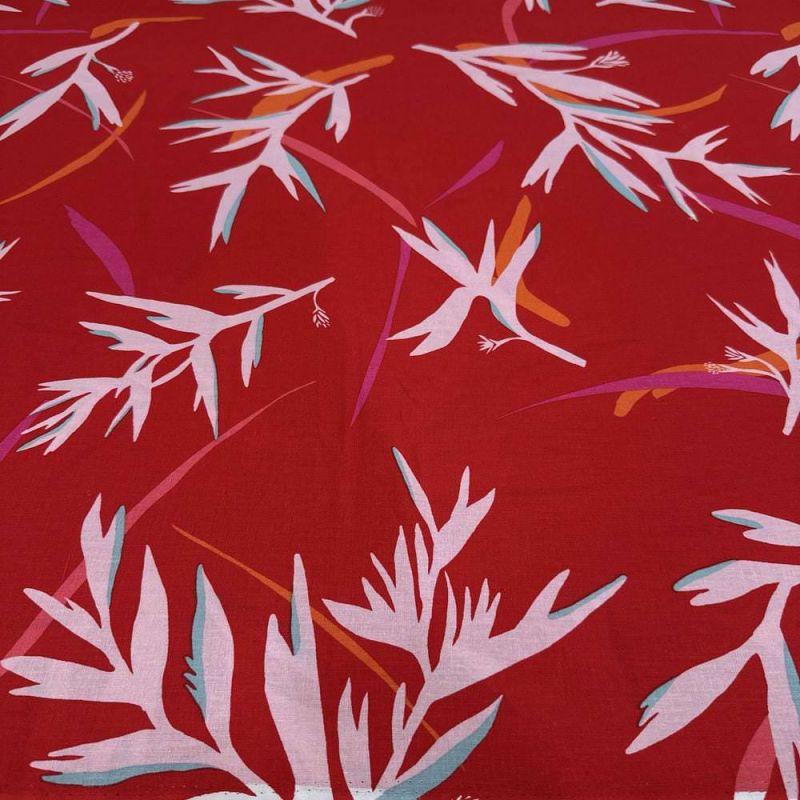 Tecido Linho Misto Folhagens Fundo Vermelho • Luema Tecidos