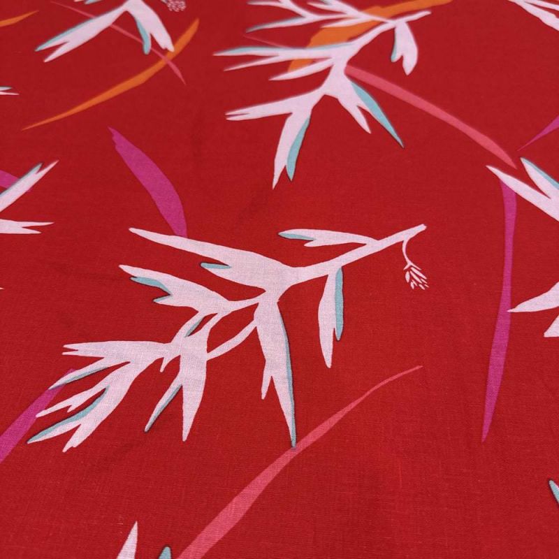 Tecido Linho Misto Folhagens Fundo Vermelho • Luema Tecidos
