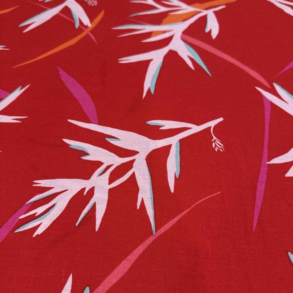Tecido Linho Misto Folhagens Fundo Vermelho • Luema Tecidos