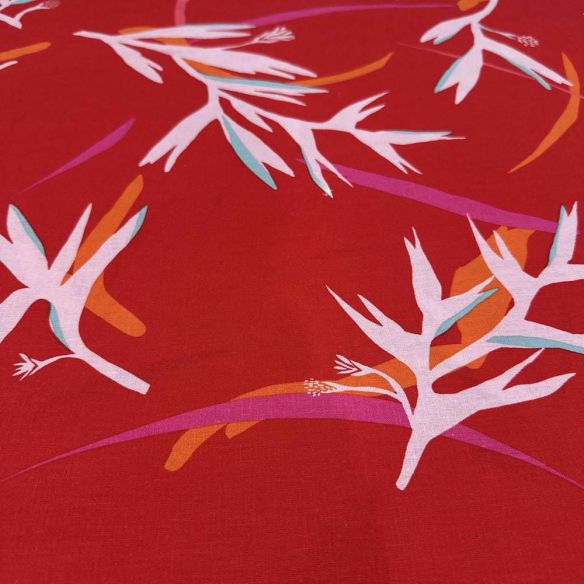 Tecido Linho Misto Folhagens Fundo Vermelho • Luema Tecidos